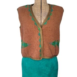 Vintage brown wool vest with embroidery
